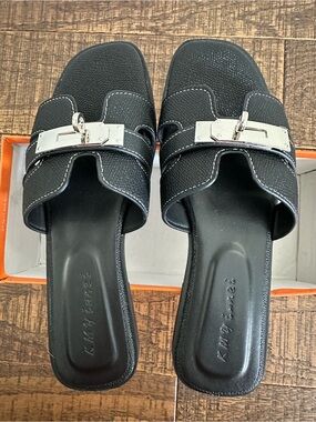 H-inspired Oran Black Slide Sandals with Silver Buckle